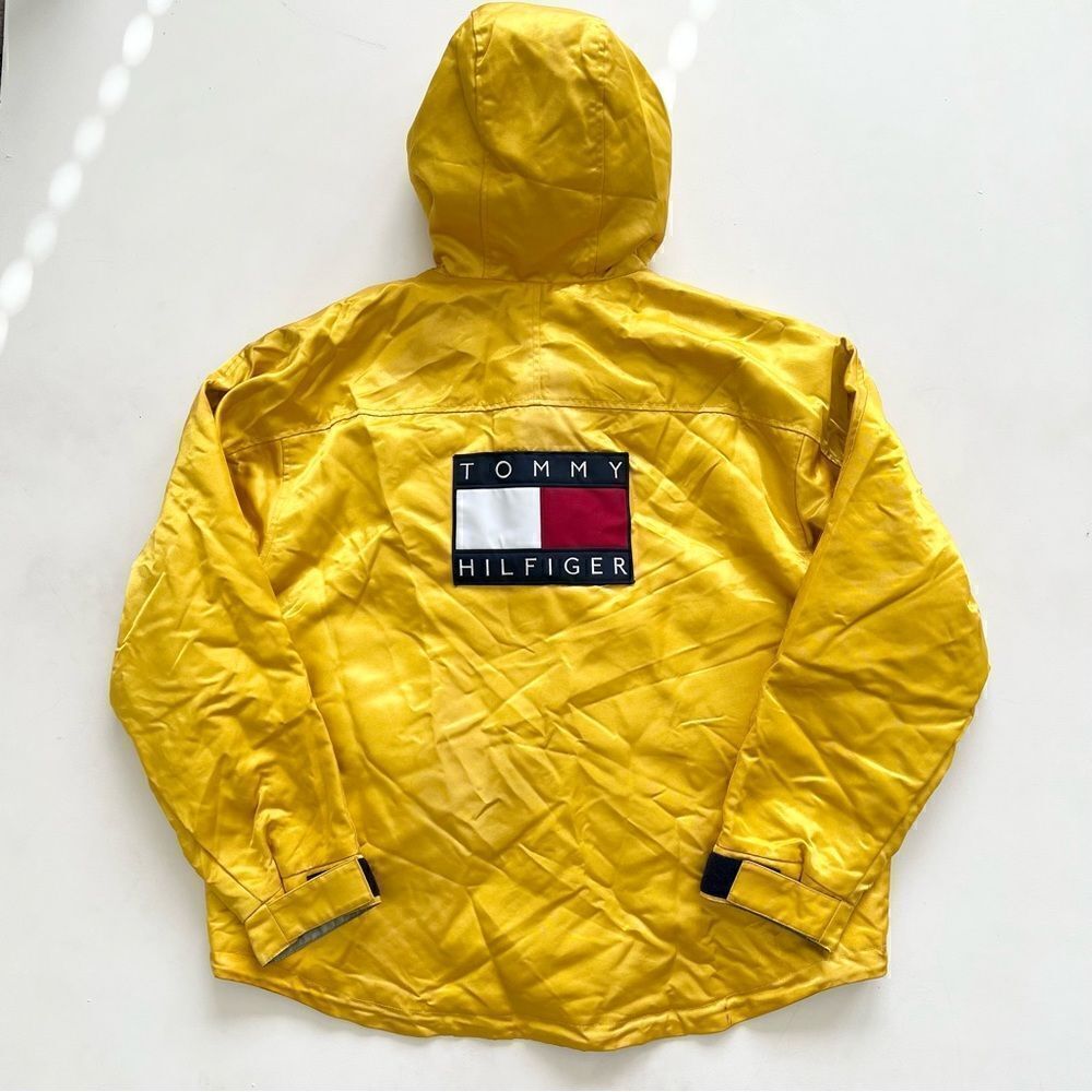 Vtg Tommy Hilfiger Big Flag Logo Gold Hooded Parka Jacket Metallic Mens Size L